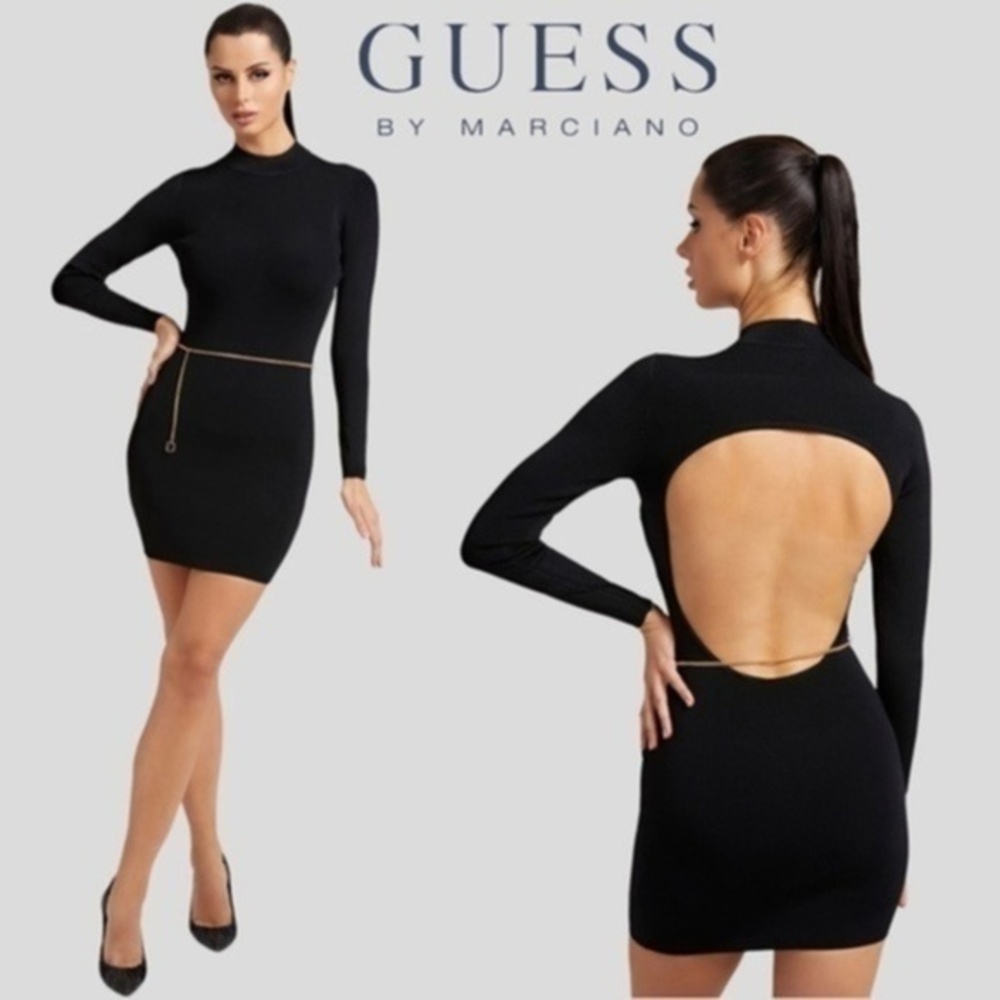 GUESS NWT Mariah Long Sleeve Mock Neck Open Back MiniDress w/Logo Chain Belt/XL